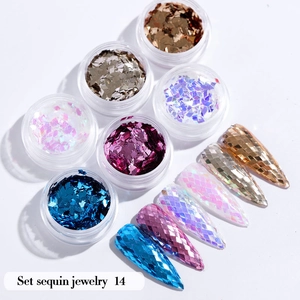 Detailed set of six-color diamond glitter sequins on long pointed false nails