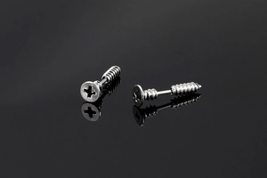 Macro shot of silver stainless steel screw-shaped stud earrings with realistic cross-head texture