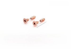 Macro shot of rose gold stainless steel screw-shaped stud earrings for men and women