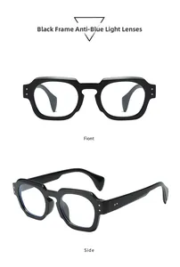 Vue détaillée des lunettes de soleil ovales noires avec rivets et verres anti-lumière bleue