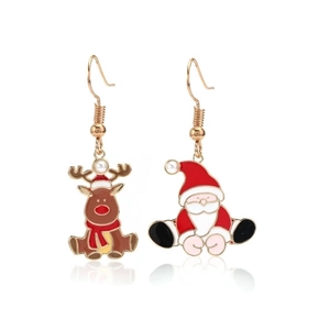 Detailed view of asymmetric Christmas earrings with Santa Claus, reindeer and pearls
