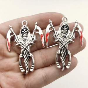 Retro silver skull reaper pendant with bloody scythe for DIY jewelry and Halloween decor