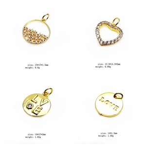 Detail showing gold heart and love pendants with zircon inlay and exact dimensions