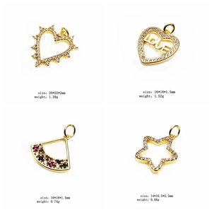 Detailed size and weight specs for gold heart and star charms with zircon inlays