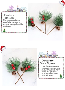 Detailed view of flexible iron wire core inside artificial Christmas pine and berry stems