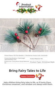 Detailed view of artificial Christmas pine needle branch with red berries and pine cone
