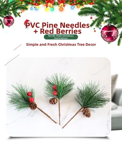 Detailed close-up of PVC pine needles with red berries and pine cones for Christmas decor
