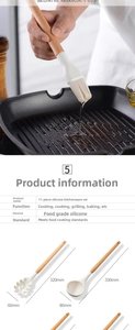 Detailed view of cream silicone kitchen utensils with wooden handles and size dimensions