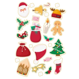 Collection of festive Christmas stickers featuring Santa, reindeer, and gingerbread man