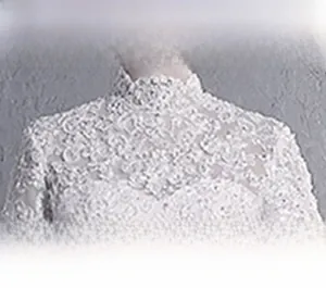 Detailed shot of white bridal lace neckline with intricate beadwork and high collar
