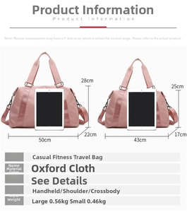Pink oxford cloth gym bag dimensions comparison in large and small sizes for travel