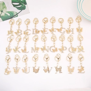 Alphabet Letter Keychain With Butterfly Gold Tone Alloy Rhinestone Inlaid Sparkly Bag Charm Luxury Creative Gift Women