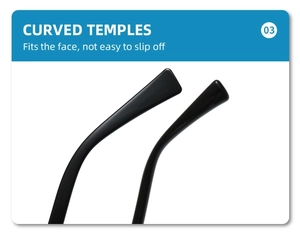 Detail of curved temples on black square sunglasses showing ergonomic anti-slip design