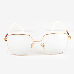 Classic gold metal square frame eyeglasses with iconic red and green stripe detail