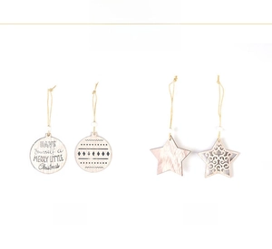 Detail view of laser-cut wooden snowflake ornaments in round and star shapes