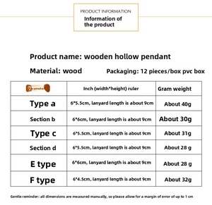 Size chart showing laser-cut wooden Christmas ornaments with detailed product dimensions