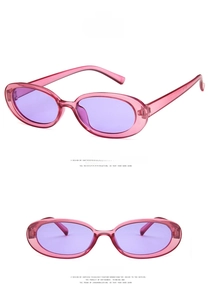 Detailed views of vintage oval sunglasses with transparent purple frame and purple lenses