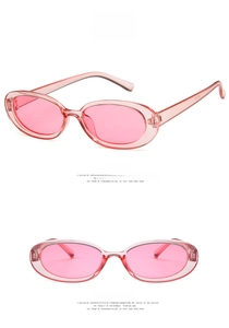 Detail view of oval C7 sunglasses with transparent pink frame and pink tinted lenses