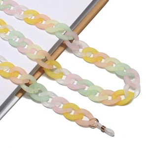 Detail of candy-colored acrylic eyewear chain in pastel yellow, pink, and mint green