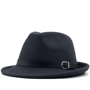Close-up of black wool fedora featuring a sleek leather belt and silver metal buckle detail