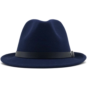 Close-up of a navy wool fedora hat featuring a black leather belt with silver metal buckle