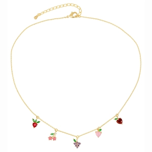 Gold fruit necklace featuring colorful zircon strawberry cherry and grape pendants