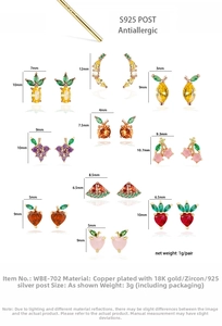 Detailed size specifications for 18K gold plated zircon fruit studs with S925 silver needles