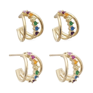 Rainbow cubic zirconia gold plated multi-layer hoop earrings and ear cuff set