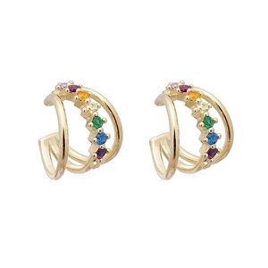 Double-layered gold ear cuffs featuring vibrant rainbow-colored zircon stones
