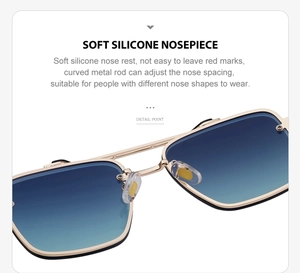 Detail of adjustable soft silicone nose pads on gold metal rimless sunglasses