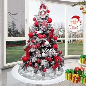 100cm white snowflake Christmas tree skirt with festive ornaments and gift boxes