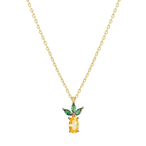 Collier ananas doré tropical avec zircon jaune et feuilles de pierres vertes