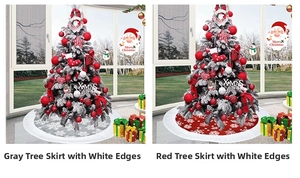 Detail of red and grey Christmas tree skirts with white plush edges and snowflake patterns