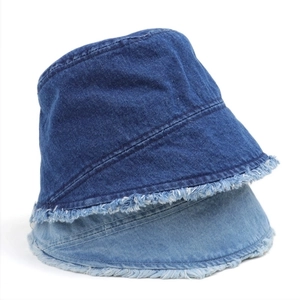 Women's denim bucket hats in dark and light blue with trendy frayed edges on white background