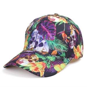 Unisex baseball cap with skull and tropical leaf floral print on black background