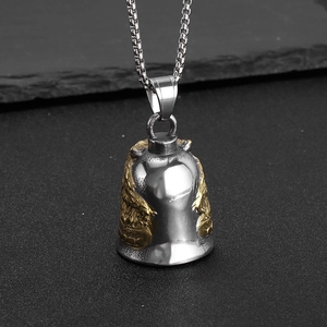 Gothic skull helmet bell pendant necklace in silver and gold stainless steel finish