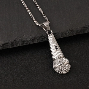 Punk style microphone necklace with silver titanium steel and sparkling rhinestones