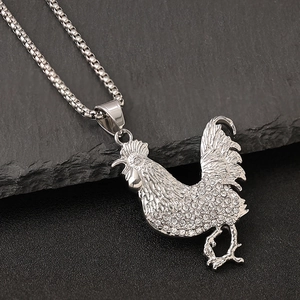 Hip-hop silver rooster pendant necklace with sparkling rhinestones on dark stone base