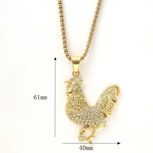 Gold plated hip hop rooster pendant necklace with sparkling crystals on box chain