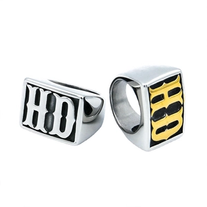 Men's bold stainless steel HD letters rings in silver and gold finish with black enamel