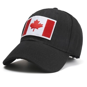 Black cotton baseball cap with embroidered Canada flag patch on front panel