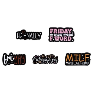 5-piece set of cartoon enamel pins with humorous Friday-themed text on black metal base