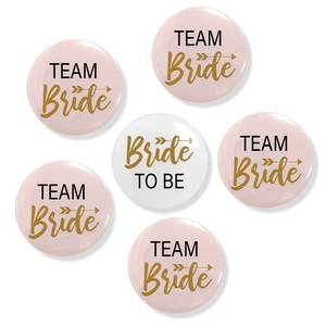 Bride to Be and Team Bride tinplate badge set with pink and gold lettering for bridal shower