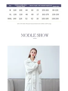 Detailed size chart for coral fleece long bathrobe showing measurements for M, XL, XXXL