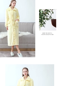 Detail of light yellow flannel bathrobe with decorative ruffles and warm side pockets