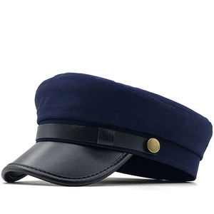 Navy blue sailor cap with black PU leather brim and gold metal button decoration