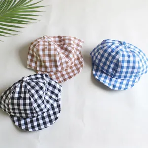 Classic gingham baby baseball cap with soft brim in brown, blue and black cotton fabric