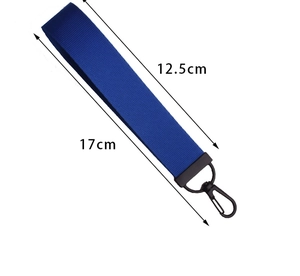 Porte-clés en nylon bleu marine avec fermoir en métal noir et dimensions détaillées