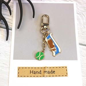 Handmade alloy corgi dog keychain with blue oil-drop pendant and green tennis ball