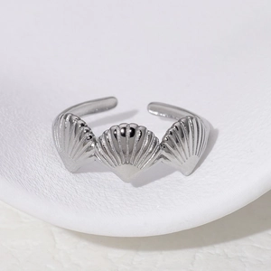 Minimalist silver shell stainless steel open ring with a polished metallic finish